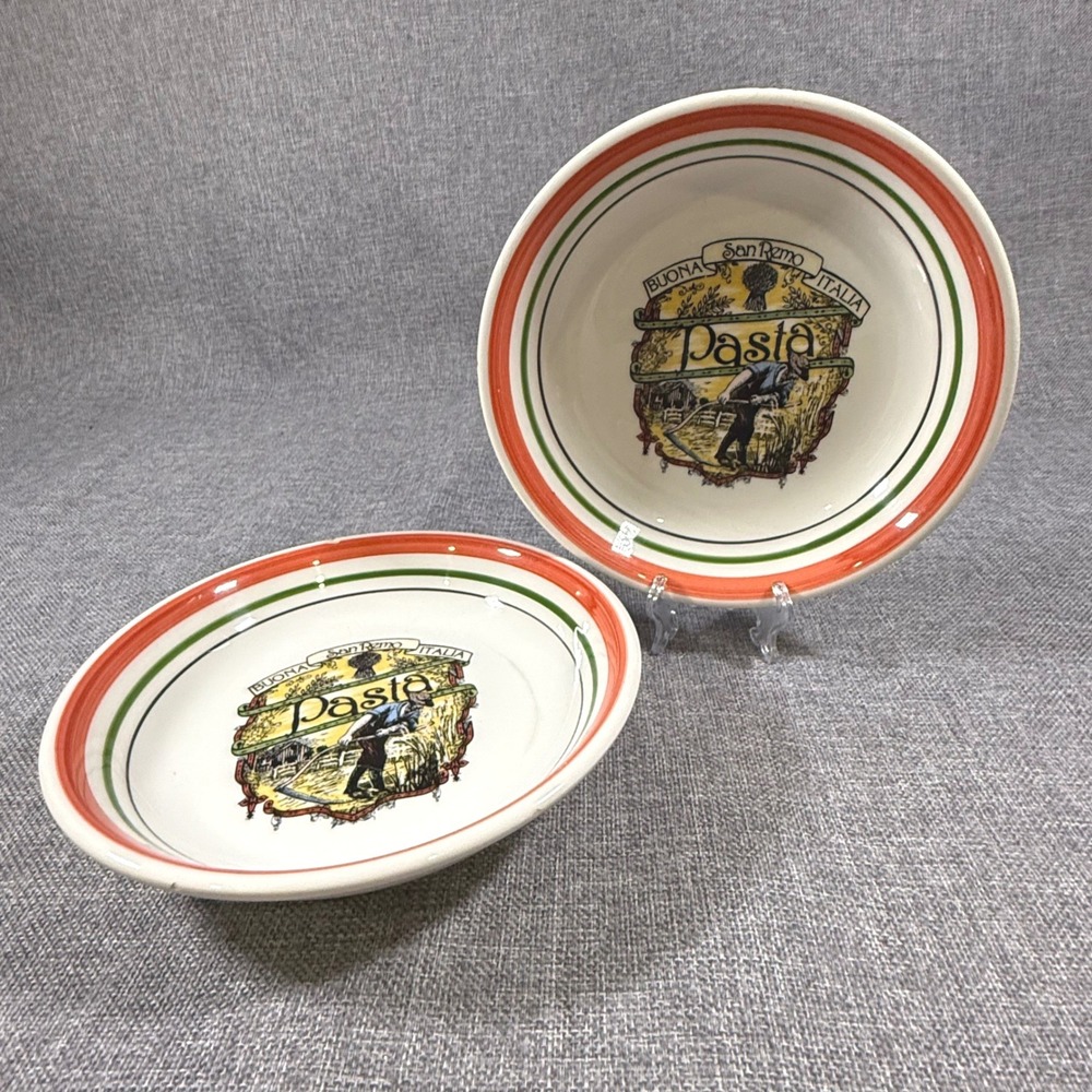 VTG Himark Pasta Bowls Set 2 Italy Buona San Remo Farmer Red Green Trim 8.5"